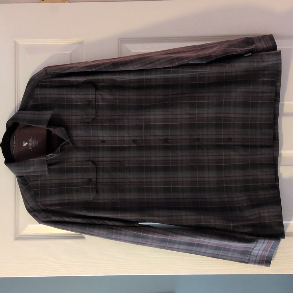 Kuhl Men's Plaid Button-Down Shirt - Gray with Purple and Blue Stripes
